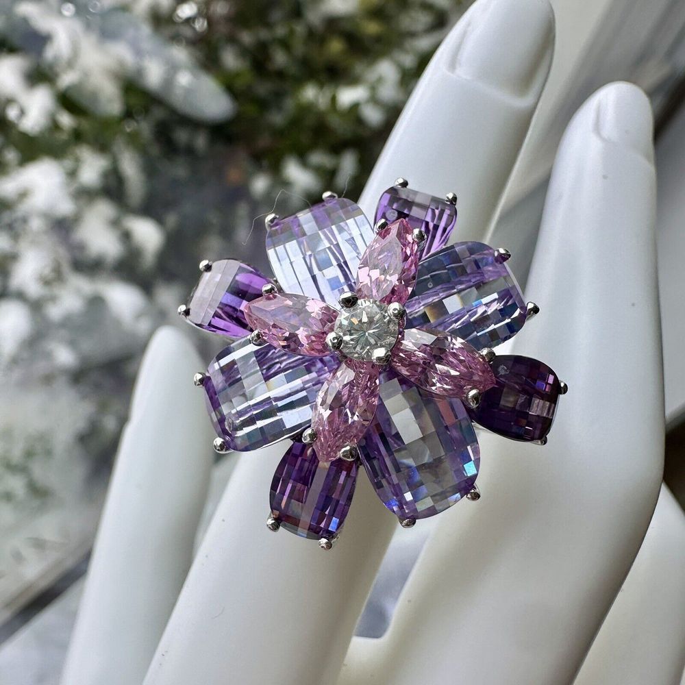 Statement Flower Ring Size 5 Purple Pink Gemstones Chunky Sterling‎ Silver 16+g